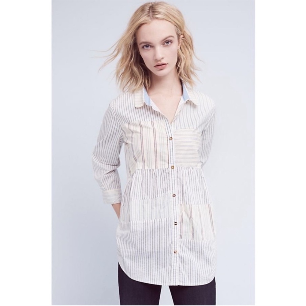 Anthropologie White and Blue Striped Button-Down Shirt